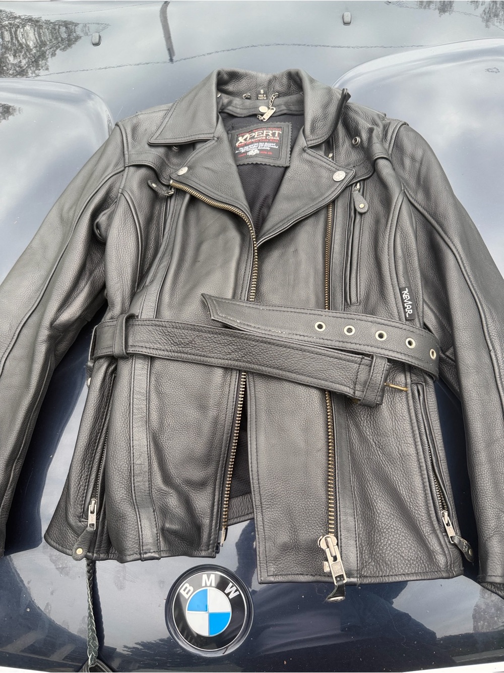 Black Leather Motorcycle Jacket with Belt